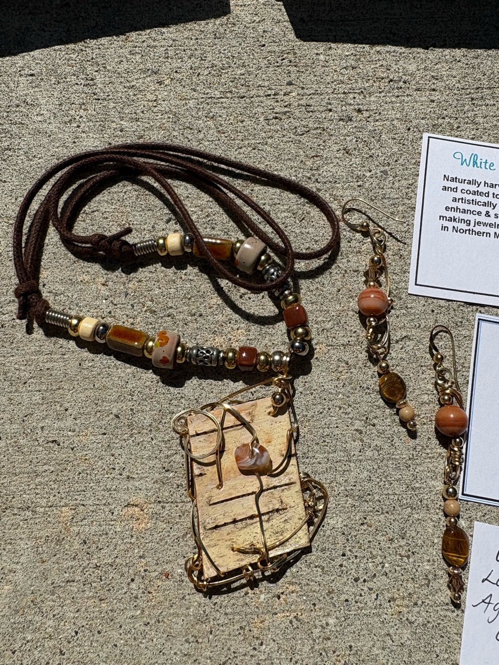 WHITE BIRCH & LAKE SUPERIOR AGATE WIRE WRAPPED NECKLACE & DANGLING EARRINGS